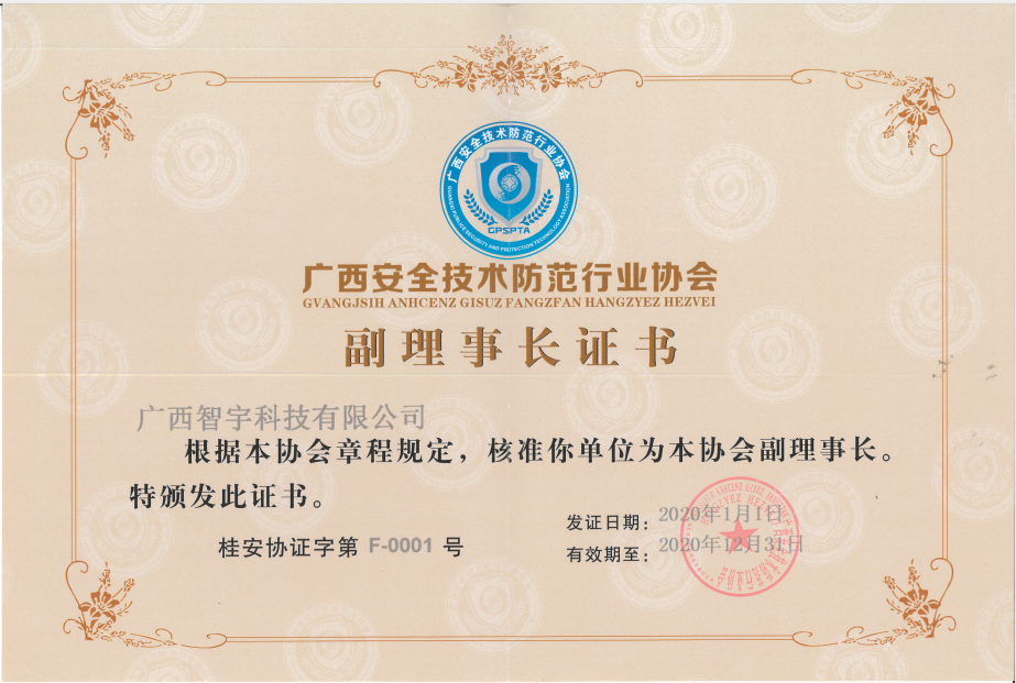 2020广西安全技术防范行业协会副理事长证书